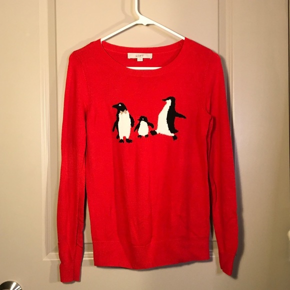 Cute Penguin Holiday Red LOFT Sweater SIZE SX ( good for S) - Picture 4 of 7